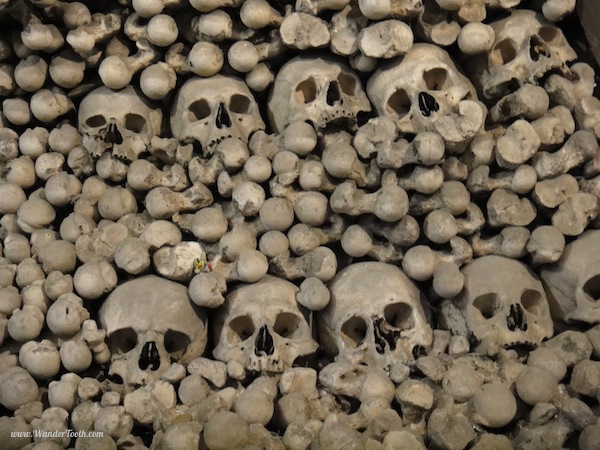 Human skulls and bones at an ossuary called The Bone Church in Prague