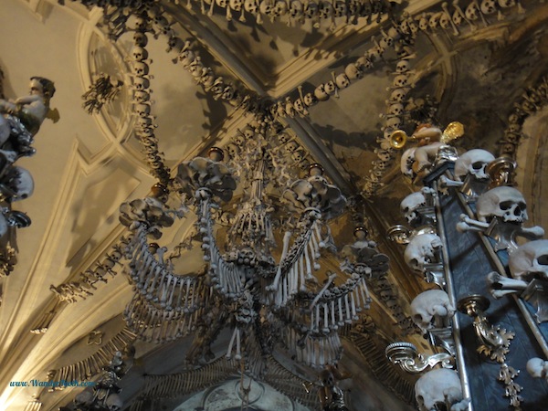 A chandelier made from human remains in a bone church near Prague