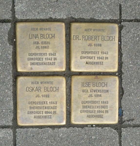 The Bloch family, separated, all murdered in concentration camps, placed in front of their former home in Stuttgart, Germany. -- photo credit JuergenG via Wikipedia cc