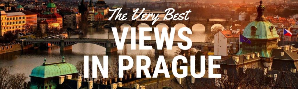 Header Image for an article about the Best Views in Prague. The foreground has text that says "the very best views in Prague" and the background shows a view of Prague's bridges and the river at dusk