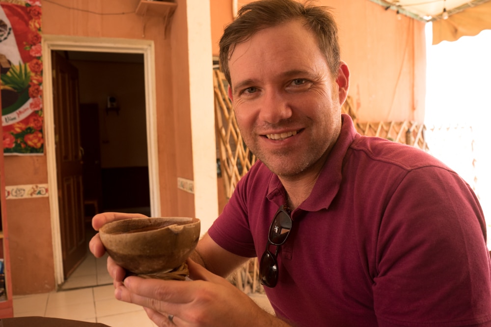 Geoff Matthews drinks Mayan Chocolate in Valladolid Mexico