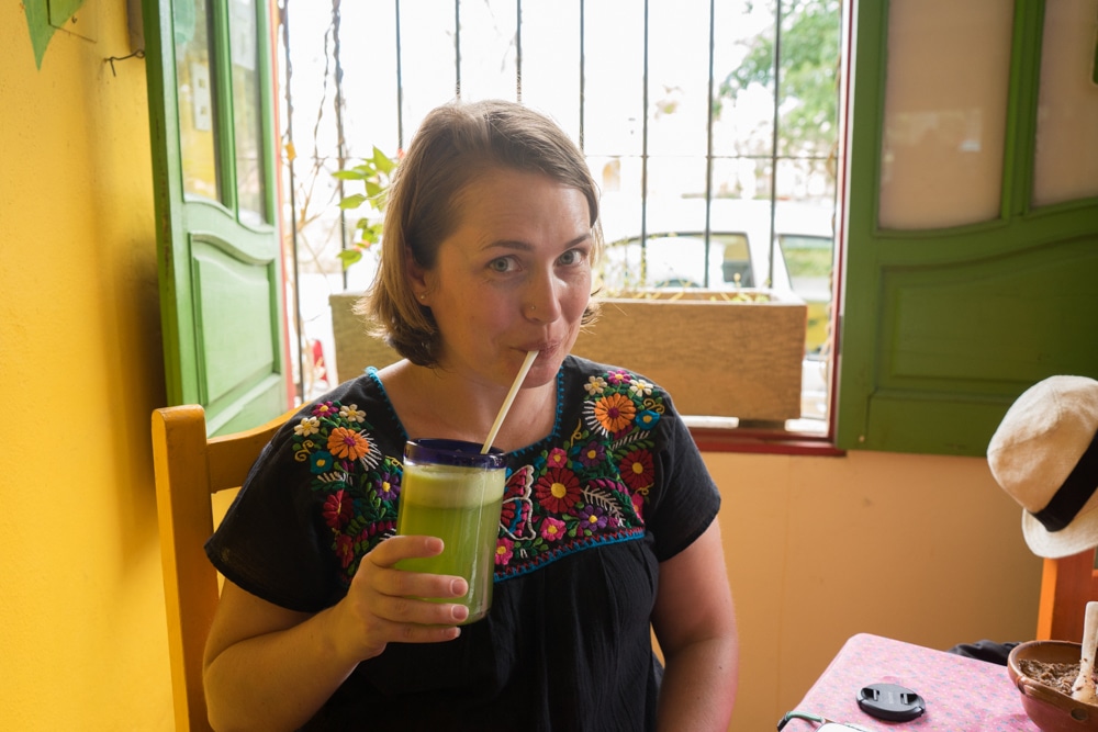 Katie Matthews drinking chaya juice valladolid mexico