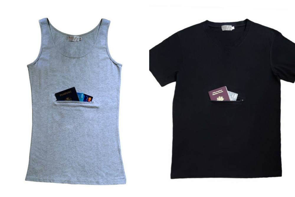 A Clever Travel Companion tank and t-shirt with zippered pockets for layering. 