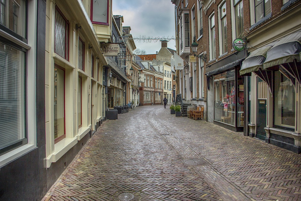 Cobblestone street in Leeuwarden Friesland Netherlands