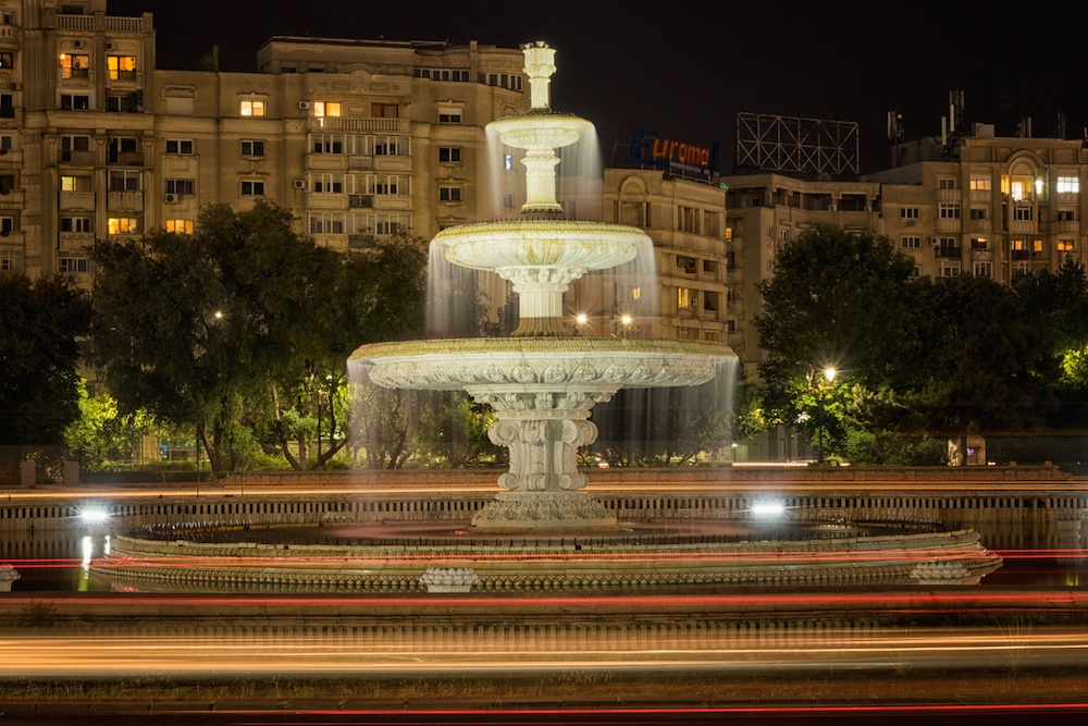 A fountain in Bucharest Romania at Night