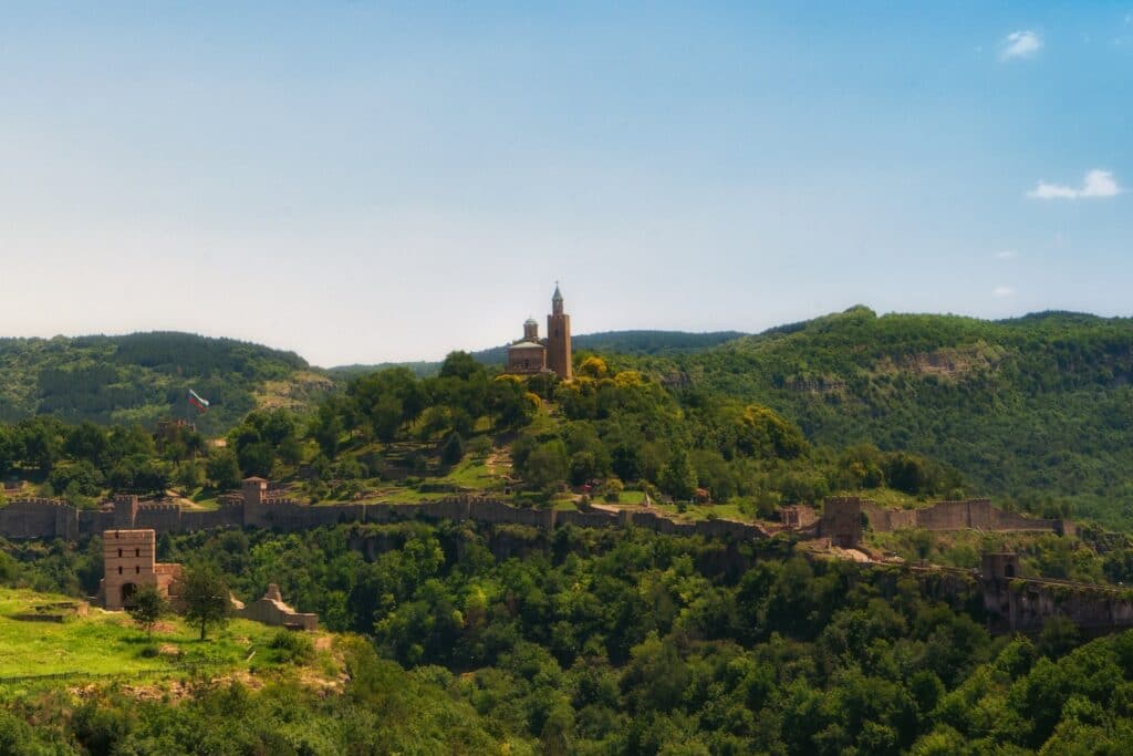 View of Veliko Tarnovo Fort from afar while visiting on a Danube river cruise