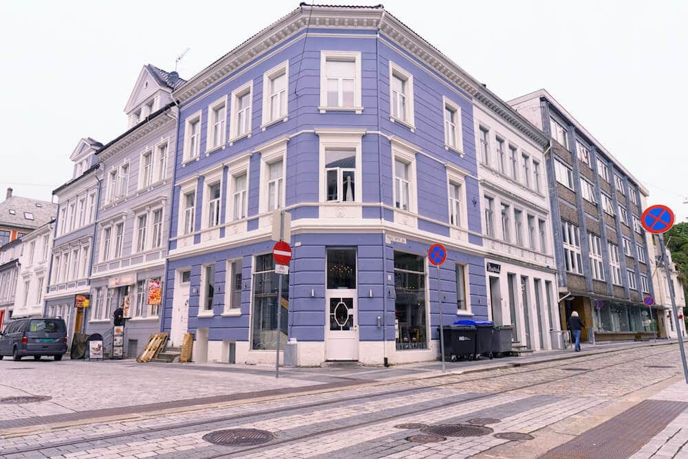 Blue and White Painted Wooden Building Bergen Norwat