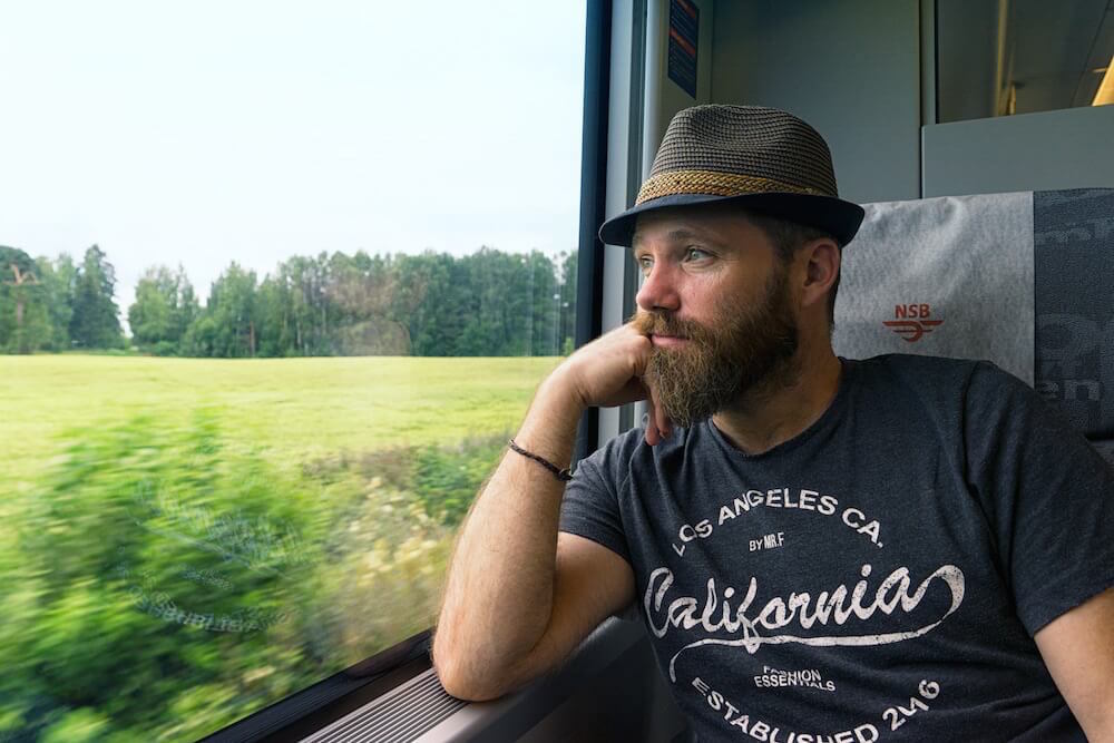 Geoff Matthews rides a train in Norway