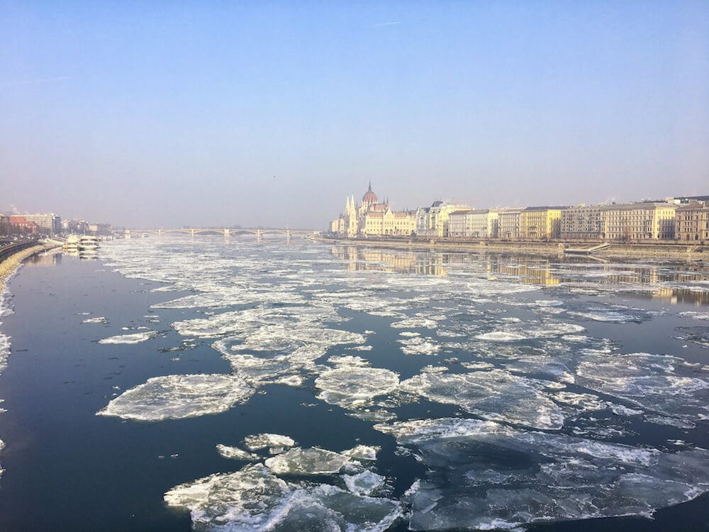 Hungarian Parliament View from Chain Bridge Winter