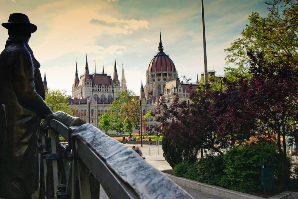 Statue of Imre Nagy and Hungarian Parliament Building Budapest