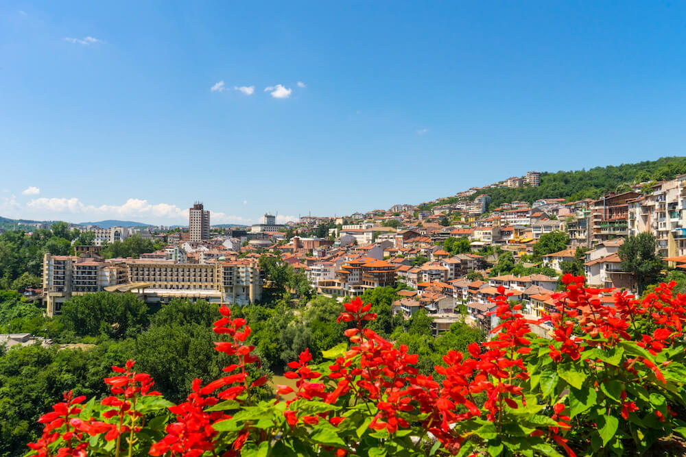 Veliko Tarnovo in Bulgaria is a nice day trip from Bucharest. This photo shows Veliko Tarnovo from afar with flowers in the foreground