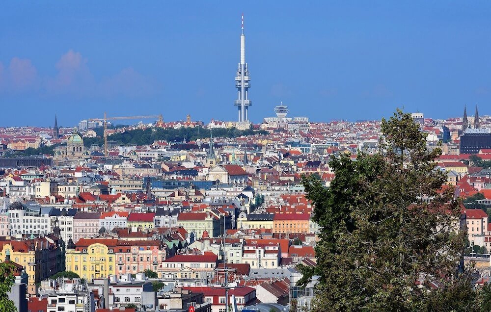 zizkov district prague with zizkov tv tower