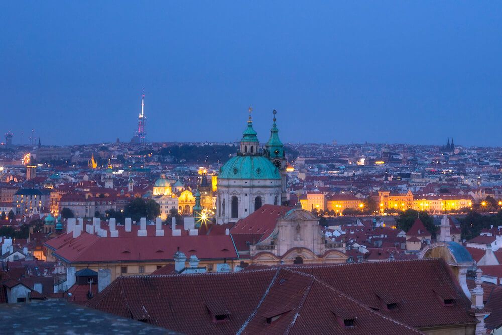 An evening view from the castle overlooking Mala Strana Prague