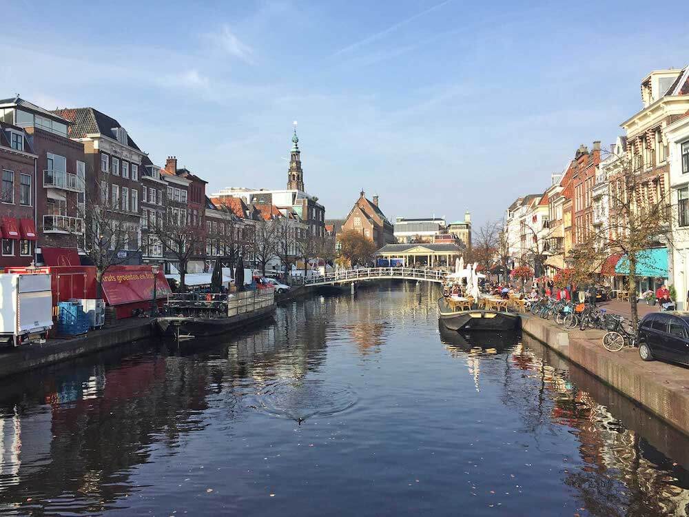 Leiden Netherlands canal and market