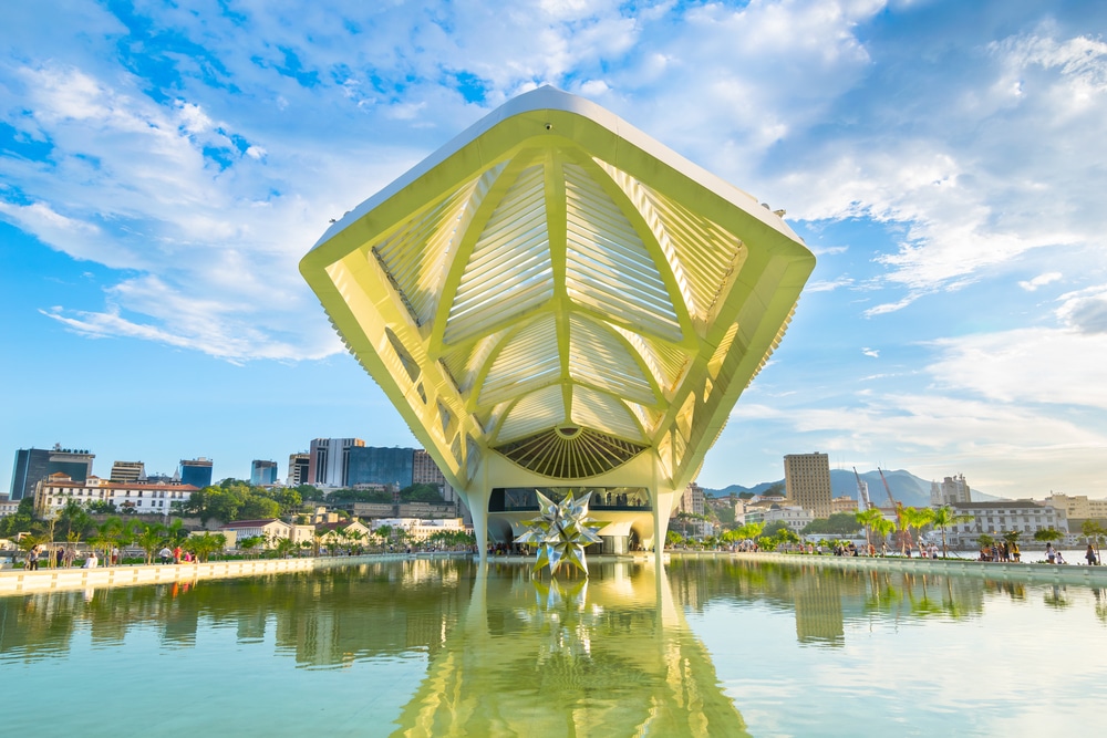 view from the water of museu de Amanda in Brazil