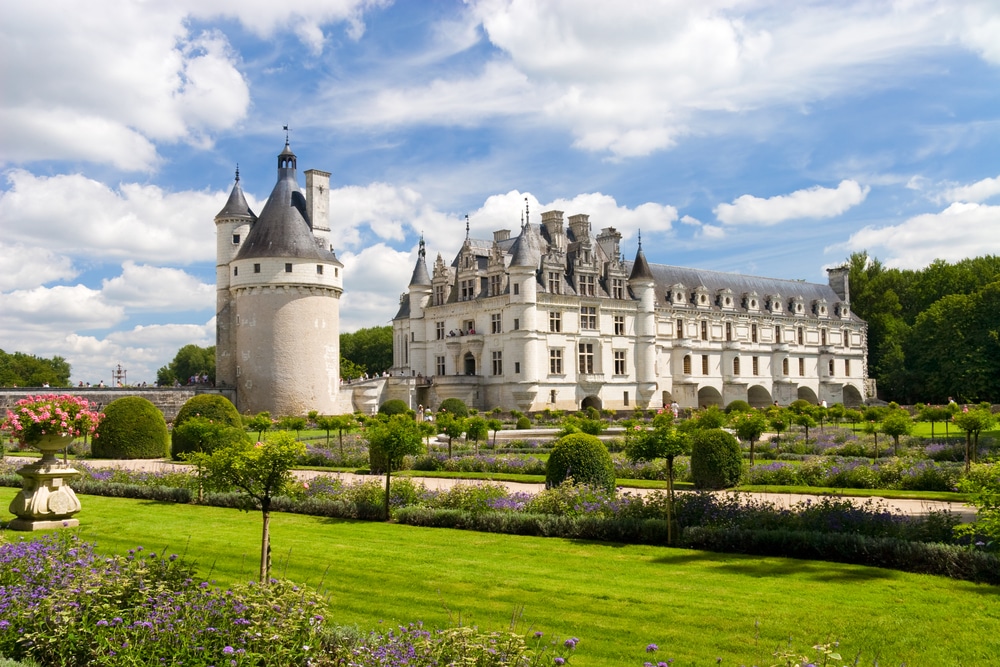 Chenonceaux castle in France. Wide angle view.