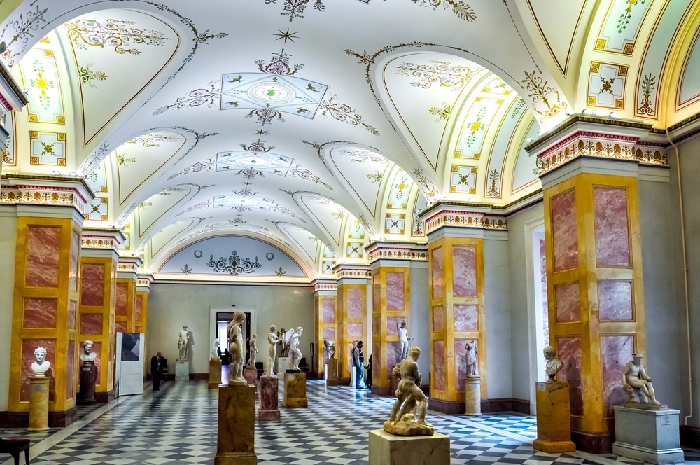 interior of hermitage museum in Russia; decorated hall of statues