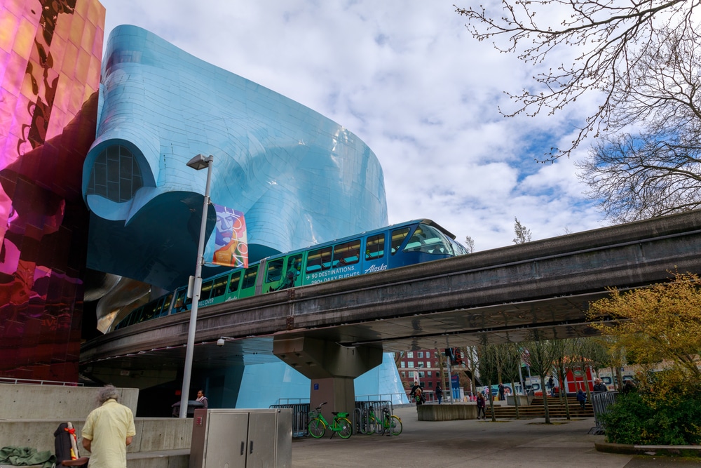 Seattle, Washington - April 9, 2018 : The Museum of Pop Culture (MoPOP) and Monorail in Seattle