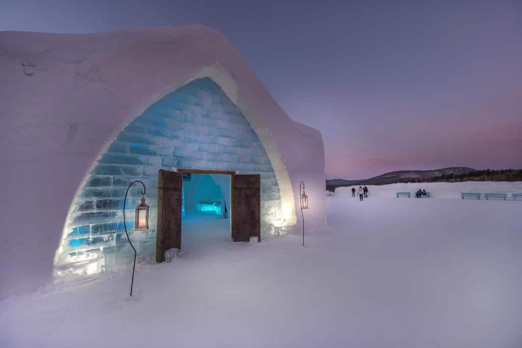 outside the entrance to Canada's ice hotel