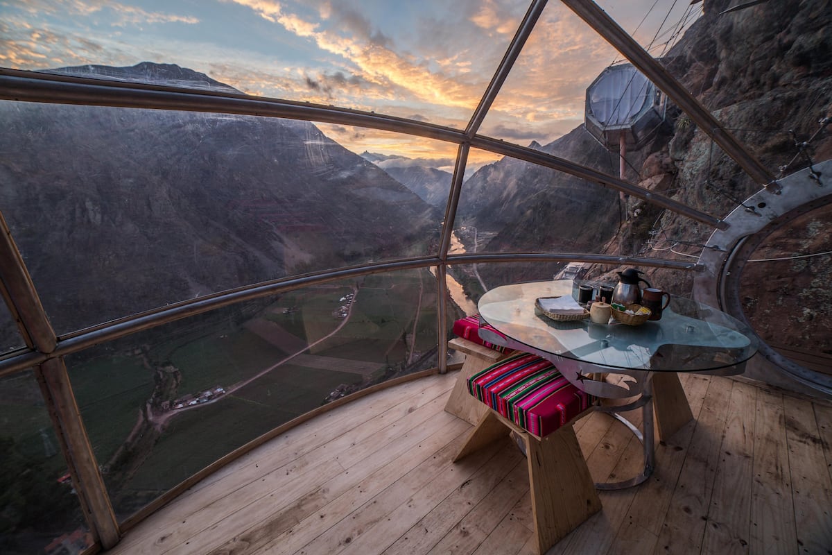 view of sacred valley from inside sky lodge pod