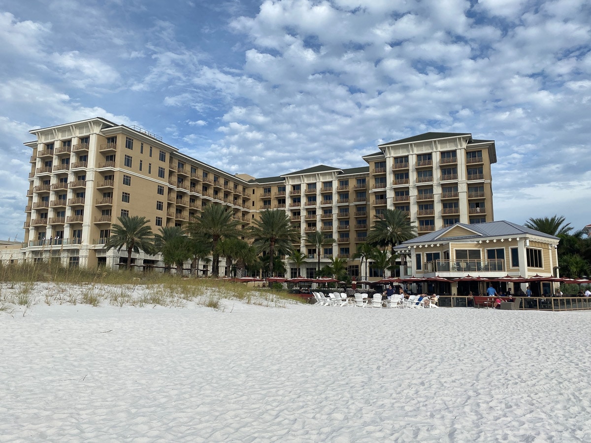 view of the beach facing side of The Sandpearl Resort in Clearwater Beach, Florida
