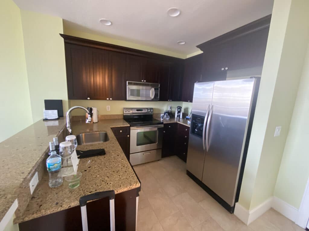 kitchen in a suite at sandpearl resort