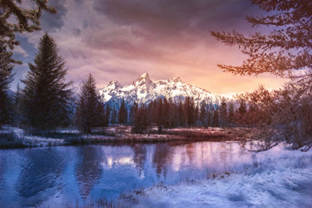 Colorful Snowy sunset at the Grand Tetons National Park