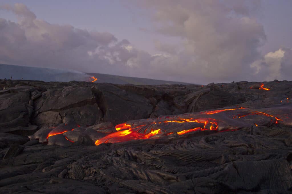 glowing magma atop volcanoes in Hawaii volcanoes national park