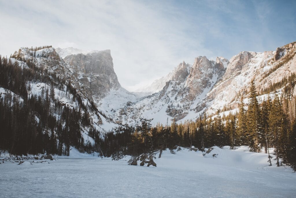 A view of the alpine Dream Lake at Rocky Mountain National Park in Colorado, USA during winter
