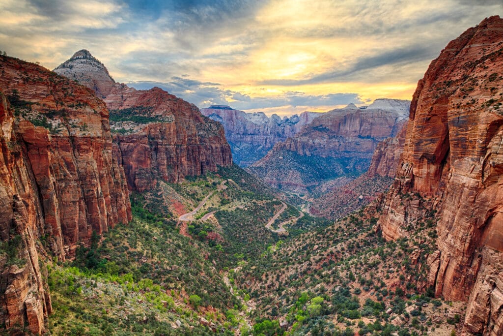 view of canyon valley from top of angels landing in Zion National Park, Utah