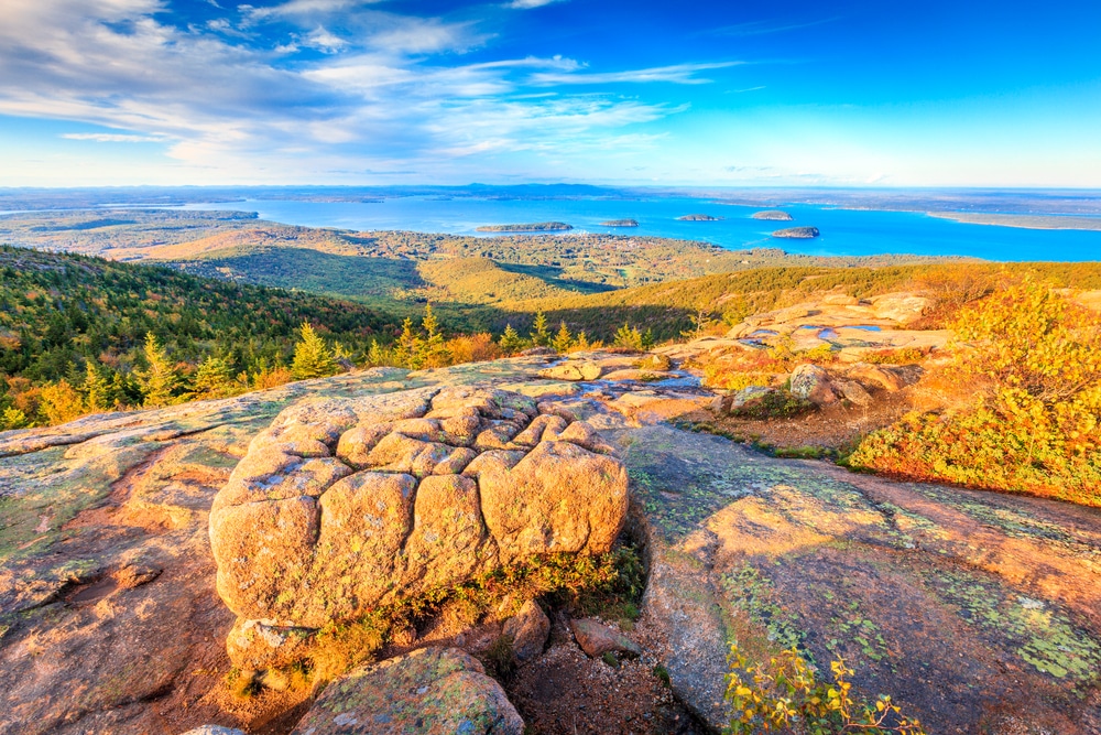 Beautiful view to Bar Harbor and nearby islands from Cadillac Mountain in Acadia National Park