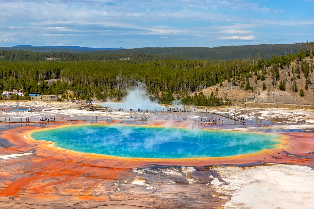 Grand Prismatic Spring, the largest hot spring at Yellowstone National Park, is 200-330 feet in diameter and more than 121 feet deep