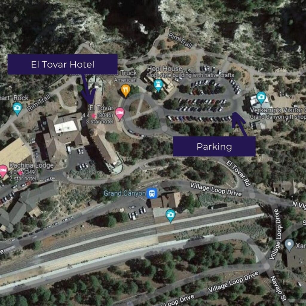 map of the parking area by El Tovar Hotel in Grand Canyon