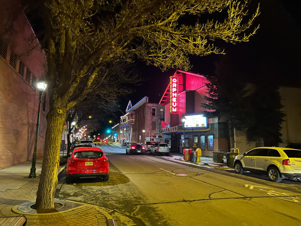 Downtown Flagstaff street in evening