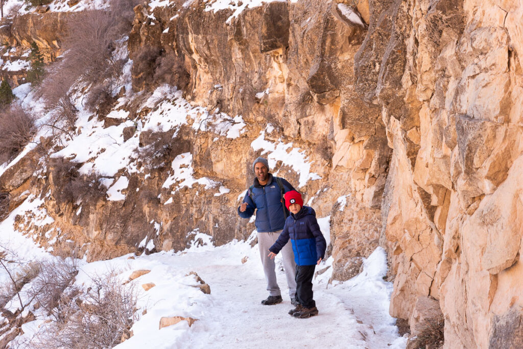 hiking Bright Angel Trail in the snow