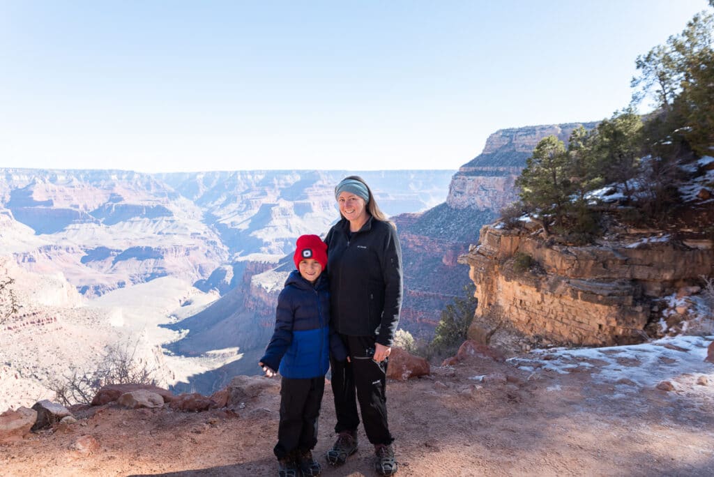 family hiking on Bright Angel Trail in Grand Canyon