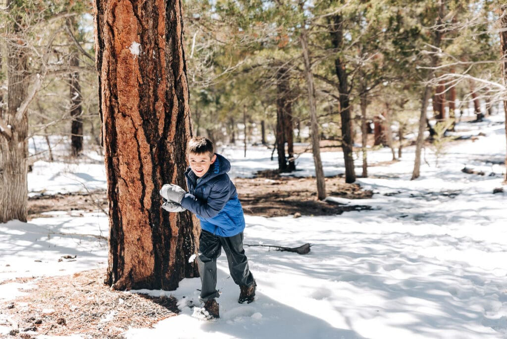 snowball fight in the woods