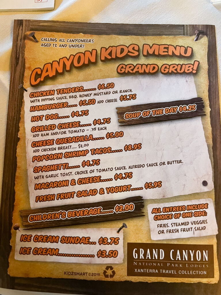 Kids Menu from El Tovar Dining Room