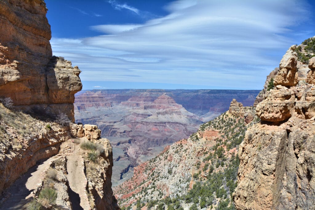 South Kaibab trail path into the Grand Canyon. Scenic spring landscape.