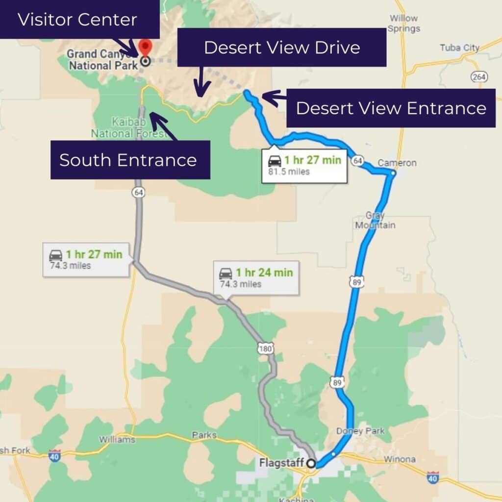 Map of South and Desert View Entrances to Grand Canyon National Park