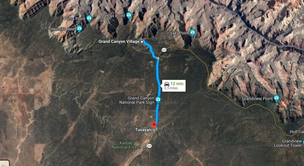 map of Tusayan route to Grand Canyon