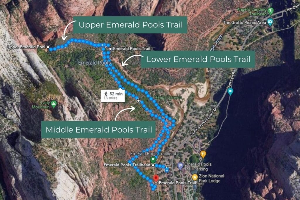 map showing all three emerald pool trails in Zion