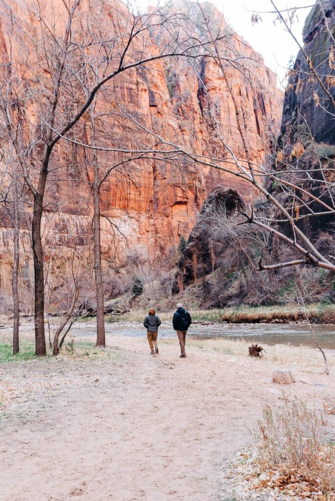 couple walking at Riverside Walk Trail at Zion National Park