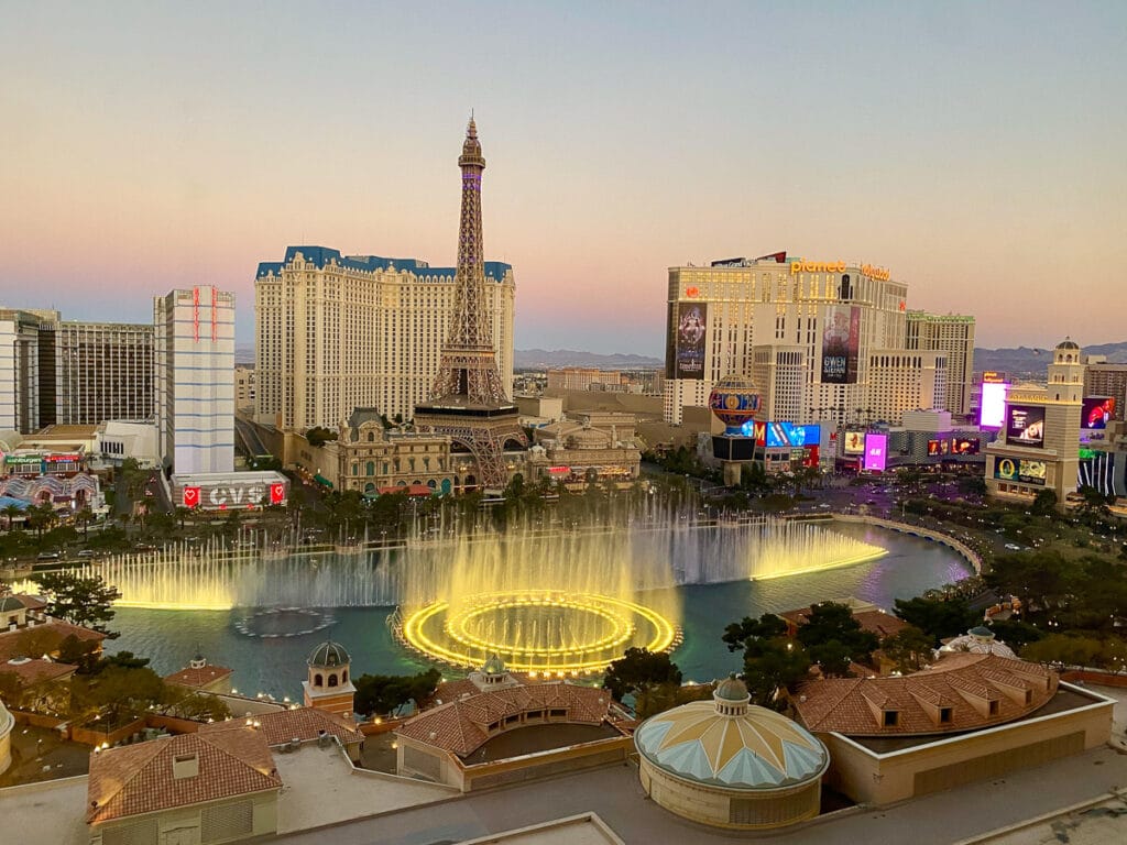 view of Bellagio fountains from room