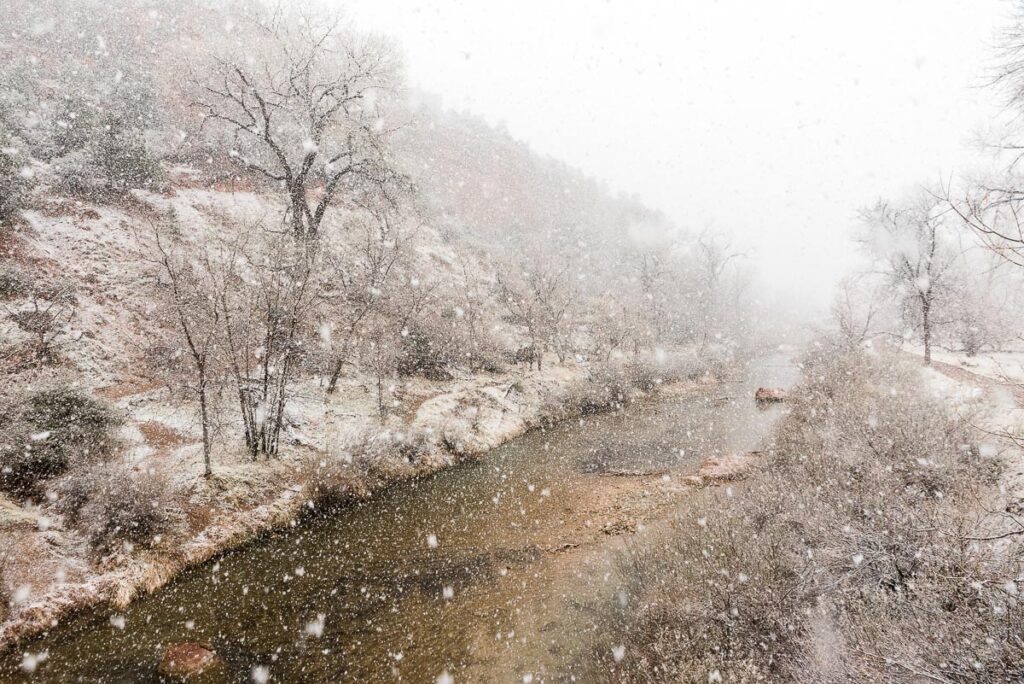 snowy river view at Zion National Park