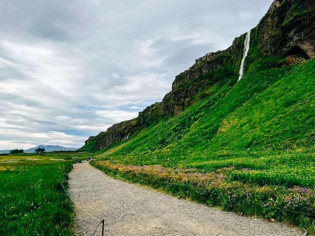 Pathway to the hidden waterfall near Seljalandsfoss