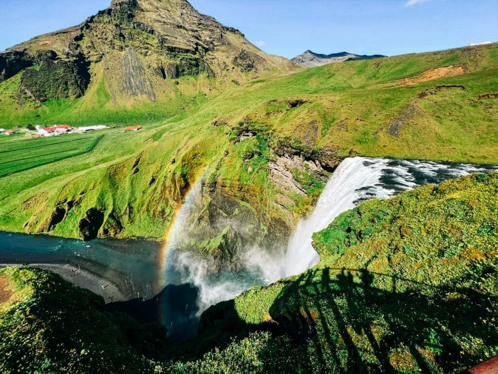 Looking down at Skogafoss Waterfall from above.