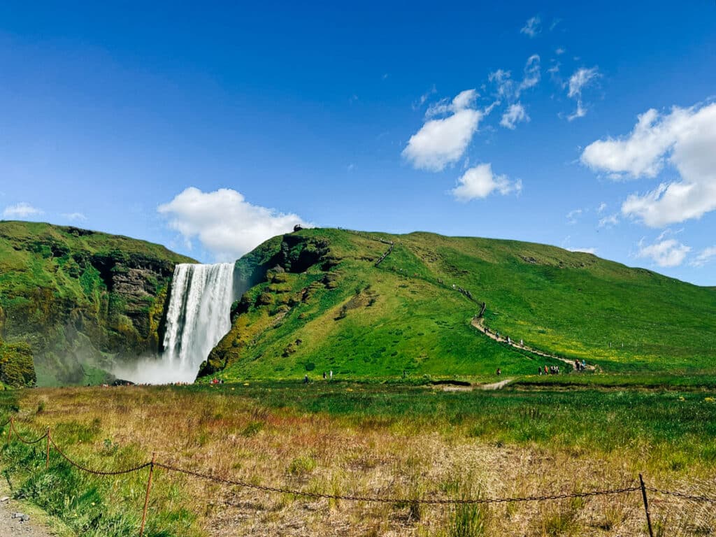 Skogafoss Waterfall and the staircase to the top.