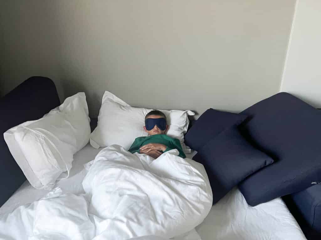 My son using a sleep mask in Iceland.