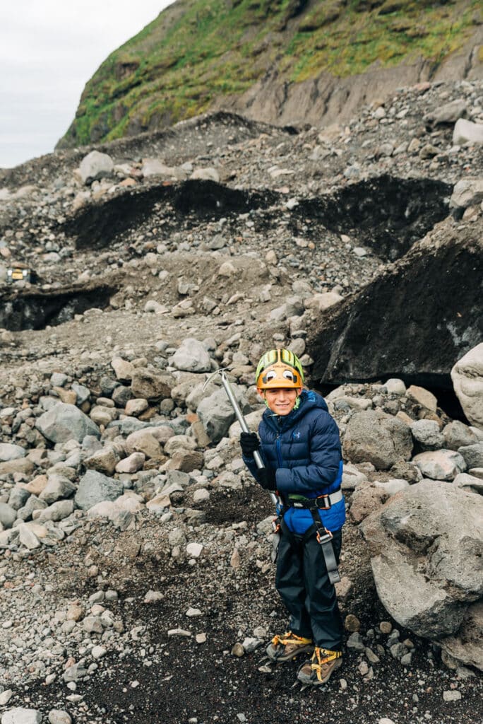 My son in his crampons and glacier hiking gear.